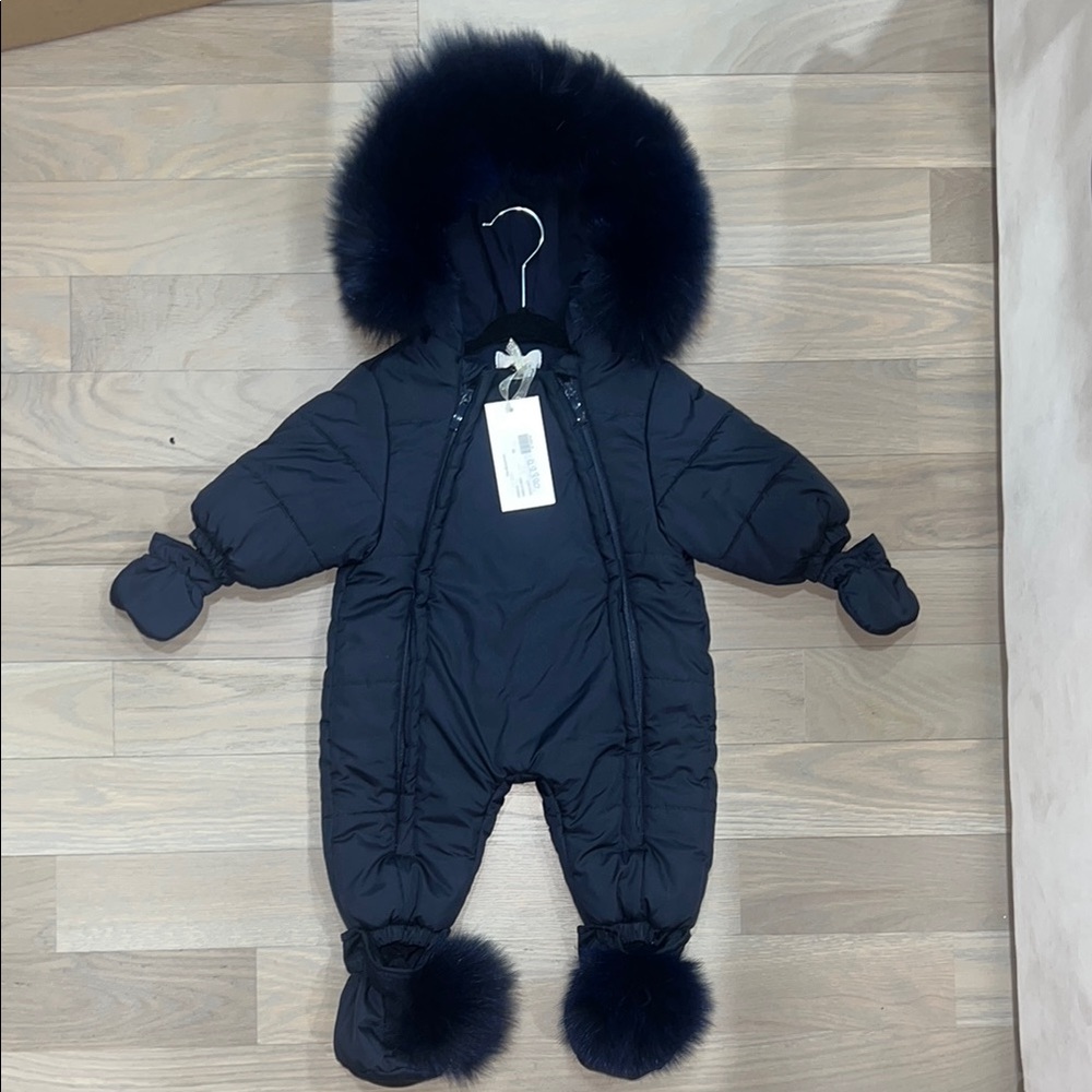 Chic Navy Fur-Trimmed Winter Snowsuit